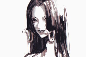 1girl boa_hancock earrings eyelashes greyscale jewelry long_hair monochrome one_piece parted_lips runa_3152 sidelocks simple_background snake_earrings solo straight_hair