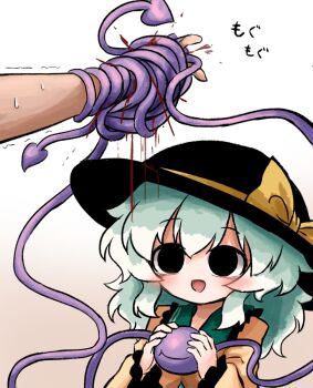 Rule 34 | 1girl, 1other, :d, black eyes, black hat, blood, blood spray, blush, bow, collared shirt, commentary request, crushing, disembodied hand, eyeball, frilled shirt collar, frilled sleeves, frills, gradient background, green hair, hat, hat bow, heripantomorrow, holding, holding eyeball, injury, komeiji koishi, long hair, open mouth, shirt, smile, sweat, third eye, touhou, trembling, yellow bow, yellow shirt