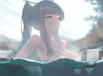 1girl bathing blue_archive blurry blurry_background blush breasts closed_eyes convenient_censoring day grey_hair halo highres huhi_(huhi_1211) long_hair medium_breasts noa_(blue_archive) nude onsen partially_submerged partially_underwater_shot ponytail relaxing solo steam upper_body water wet