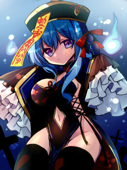 1girl absurdres black_thighhighs blue_hair bow braid braided_hair_rings breasts chinese_clothes closed_mouth clothing_cutout evi_leenhardt hair_bow hair_rings hat highres hitodama jiangshi jiangshi_costume large_breasts looking_at_viewer mameguri muv-luv muv-luv_girls_garden navel navel_cutout ofuda outstretched_arms purple_eyes qingdai_guanmao red_bow sleeves_past_wrists solo thighhighs zombie_pose