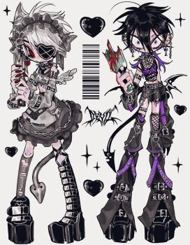 2boys 666 ahoge amatou_akuma angel_wings apron asymmetrical_footwear asymmetrical_legwear barcode bare_shoulders belt black_eyes black_hair black_nails black_ring black_shirt black_shoes black_sleeves black_straps black_tail black_wings blood blood_drip blood_on_glass bloody_weapon boots bottle bow broken_bottle broken_glass chain collar colored_inner_hair crop_top cross crossdressing crossdressing_(mtf) demon_boy demon_tail demon_wings detached_sleeves ear_piercing earrings emo_boy eyepatch facing_viewer fingernails fishnet_thighhighs fishnet_top fishnets frilled_headdress frilled_skirt frills from_side full_body garter_straps glass goth_fashion gothic_lolita grey_apron grey_bow grey_hair grey_headdress grey_leg_warmers grey_shirt grey_sleeves grey_tail hair_between_eyes heart heart-ring heart_earrings heart_eyepatch heart_ring_strap highres holding holding_bottle holding_knife jewelry knee_boots knife leg_warmers lolita_fashion looking_at_viewer maid maid_apron maid_headdress male_focus male_maid medium_hair midriff mini_wings multicolored_hair multiple_boys nail_polish navel one_eye_covered original piercing platform_shoes pointy_ears pointy_tail purple_eyes purple_hair purple_straps red_nails red_pupils ring sharp_fingernails shirt shoes short_hair shorts simple_background skirt smile sparkle spiked_collar spikes standing stitches tail thigh_strap thighhighs torn_apron torn_clothes torn_shorts torn_thighhighs trap uneven_legwear very_short_hair waist_apron weapon white_background white_hair white_wings wings