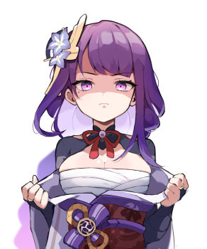 1girl angry bandages blunt_bangs blurry breasts bridal_gauntlets cleavage closed_mouth clothing_cutout collarbone commentary_request depth_of_field electro_symbol_(genshin_impact) fan_hair_ornament genshin_impact glowing glowing_eyes gradient_hair highres japanese_clothes kimono korean_commentary large_breasts long_hair mitsudomoe_(shape) mole mole_under_eye multicolored_hair neck_ribbon off_shoulder purple_eyes purple_hair purple_kimono raiden_shogun red_ribbon red_sash ribbon sarashi sash shade shaded_face shoulder_cutout simple_background solo standing tomoe_(symbol) upper_body wang0424 white_background