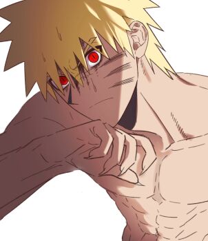 1boy abs angry blonde_hair closed_eyes collarbone commentary_request fingernails highres innagw0 korean_commentary looking_at_viewer male_focus naruto_(series) nude pectorals red_eyes sharp_fingernails short_hair simple_background slit_pupils solo spiked_hair upper_body uzumaki_naruto white_background