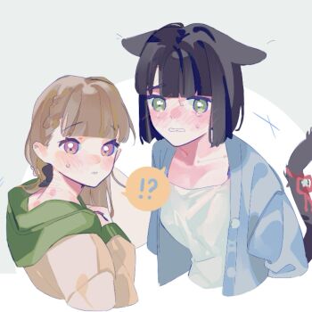 !? 2girls animal_ears black_bow black_hair blue_cardigan blush bow braid breasts brown_hair cardigan cat_ears cat_girl cat_tail center-flap_bangs collarbone colored_speech_bubble commentary crying crying_with_eyes_open dress ears_down embarrassed flower flower_knot green_eyes green_hood hair_bow hickey highres hood hood_down hoodie kachimachi_kosuzu kachimachi_kosuzu_(summer_loungewear) kemonomimi_mode link!_like!_love_live! long_hair looking_at_viewer love_live! medium_breasts momose_ginko momose_ginko_(summer_loungewear) multiple_girls nape nose_blush official_alternate_costume open_cardigan open_clothes parted_lips peanut_mouth pink_eyes pipi_(m1x_mix) shared_speech_bubble side_braids speech_bubble spoken_interrobang tail tail_flower tail_ornament tears virtual_youtuber white_dress white_flower yellow_hoodie yuri