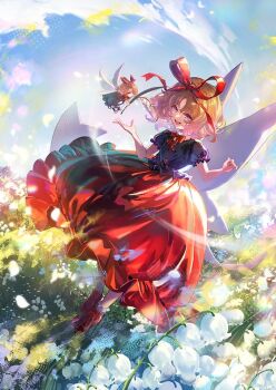 2girls announcement black_shirt black_skirt blonde_hair blue_eyes bow bubble_skirt dqn_(dqnww) fairy_wings flower frilled_shirt frilled_skirt frills full_body lily_of_the_valley medicine_melancholy mini_person minigirl multiple_girls puffy_short_sleeves puffy_sleeves red_bow red_ribbon red_shirt red_skirt ribbon shirt short_hair short_sleeves skirt sky smile su-san touhou wings