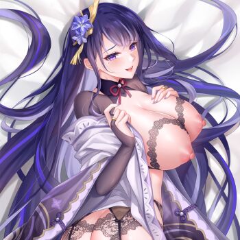 1girl ass ass_focus bed bed_sheet blunt_bangs blush breasts bridal_gauntlets close-up clothing_cutout commentary dakimakura_(medium) electro_symbol_(genshin_impact) from_side genshin_impact gigantic_breasts hair_down hair_ornament happy head_tilt huge_breasts indoors japanese_clothes kimono kl501 long_hair looking_at_viewer looking_to_the_side lying mitsudomoe_(shape) mole mole_under_eye multicolored_hair naughty_face neck_ribbon nipples nude off_shoulder on_side open_mouth puffy_nipples purple_eyes purple_hair purple_kimono purple_nails raiden_shogun red_ribbon red_sash ribbon sash shoulder_cutout smile solo streaked_hair tomoe_(symbol) underwear upper_body