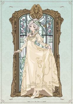 Rule 34 | 1girl, alternate costume, artist request, commentary request, dress, elf, frieren, full body, green eyes, high heels, highres, long hair, looking at viewer, official alternate costume, official art, pointy ears, short eyebrows, smile, solo, sousou no frieren, standing, white dress, white hair