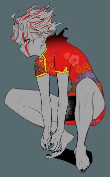 Rule 34 | 1boy, bags under eyes, black nails, chinese clothes, commentary request, dandadan, full body, glasses, gold trim, highres, male focus, mandarin collar, mrmgn le, multicolored hair, nail polish, parted bangs, parted lips, red eyes, red hair, red shirt, round eyewear, shirt, short hair, solo, squatting, streaked hair, takakura ken (dandadan), takakura ken (transformed) (dandadan), toenail polish, toenails, wavy hair, white hair