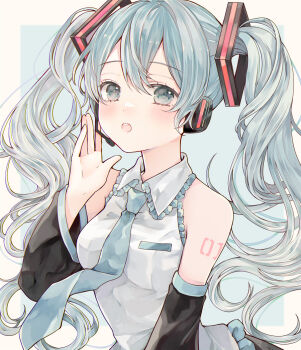 1girl aqua_eyes aqua_hair aqua_necktie aqua_trim arm_tattoo blush breasts collared_shirt commentary_request detached_sleeves hair_between_eyes hair_ornament hatsune_miku headphones headset long_hair long_sleeves looking_at_viewer medium_breasts miku_day necktie number_tattoo open_mouth shirt sleeveless sleeveless_shirt solo tattoo tententuyu twintails very_long_hair vocaloid white_shirt