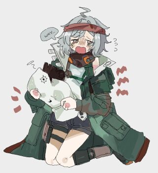 1girl ahoge black_shorts brown_eyes bullet_hole crying crying_with_eyes_open english_text flying_teardrops g11_(girls'_frontline) girls'_frontline girls'_frontline_2:_exilium green_jacket grey_hair hairband highres holding holding_pillow jacket kneeling mechty_(girls'_frontline_2) odmised open_clothes open_jacket pillow red_hairband scene_reference short_hair shorts simple_background sketch solo speech_bubble tears white_background