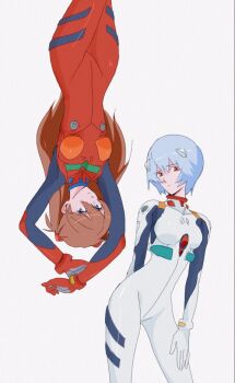 2girls arms_up ayanami_rei bad_id bad_twitter_id blue_eyes blue_hair bodysuit breasts brown_hair expressionless highres interface_headset_(evangelion) long_hair looking_at_viewer mecha_pilot_suit multiple_girls neon_genesis_evangelion plugsuit_(evangelion) red_bodysuit red_eyes short_hair simple_background souryuu_asuka_langley swirl9017 upside-down white_background white_bodysuit wide_hips