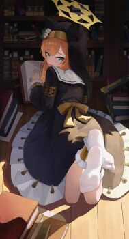 1girl ankle_socks anklet awkward blue_archive blue_eyes blush book book_stack bookshelf bow bowtie chinese_commentary commentary_request cuffs dress feet flower foot_focus foreshortening frilled_dress frills from_behind gold_anklet guimpe hair_flower hair_ornament halo highres holding holding_book jewelry looking_at_viewer looking_back mari_(blue_archive) nun nun_headdress open_mouth orange_hair presenting_foot shengqiandebayilaoye socks soles solo white_socks wooden_floor wrist_cuffs yellow_bow yellow_bowtie yellow_halo