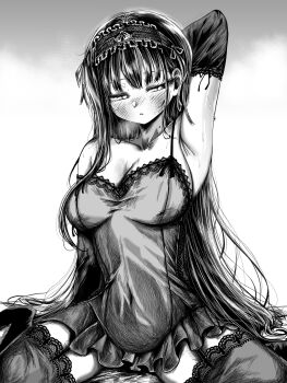 1girl ao_tanuki arm_up armpits averting_eyes black_hair blush boku_no_kokoro_no_yabai_yatsu breasts cleavage commentary_request dress elbow_gloves frilled_dress frills gloves greyscale hairband heavy_breathing highres lace_trim large_breasts long_hair mole mole_on_neck monochrome nose_blush sitting solo sweat thighs very_long_hair wariza white_background yamada_anna