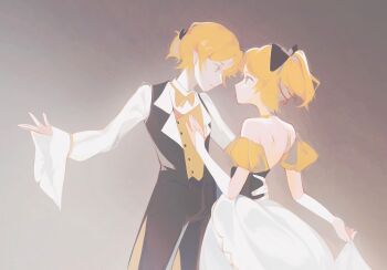 2girls black_corset black_pants black_vest blonde_hair blue_eyes bow bowtie buttons commentary_request corset double-breasted dress face-to-face grey_background hair_bow hand_on_another's_cheek hand_on_another's_face hand_on_another's_waist highres kagamine_len kagamine_rin laari_000 looking_at_another multiple_girls pants ponytail shirt strapless strapless_dress vest vocaloid white_dress white_shirt yellow_bow yellow_bowtie yellow_vest