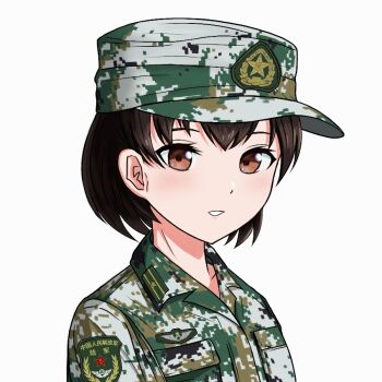 1girl blush brown_eyes brown_hair camouflage camouflage_hat camouflage_jacket collared_shirt commentary_request eyelashes green_hat green_jacket hat jacket military_uniform multicolored_hat multicolored_jacket original patch people's_liberation_army portrait shirt short_hair shoulder_patch simple_background smile solo white_background wuyuu