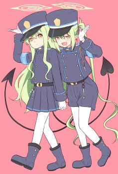 2girls :&lt; :d absurdres akane_souichi ankle_boots arm_up armband belt black_belt black_boots black_hat black_jacket black_shorts black_skirt black_tail blue_archive blue_armband blue_trim blush boots buckle buttons closed_mouth commentary cropped_jacket demon_tail dot_nose double-breasted earrings expressionless fang full_body gloves green_hair green_halo hair_between_eyes halo hat head_tilt highres hikari_(blue_archive) holding_hands jacket jewelry long_hair long_sidelocks long_sleeves looking_at_viewer miniskirt multiple_girls nozomi_(blue_archive) open_mouth pantyhose peaked_cap pink_background pointy_ears shorts siblings sidelocks simple_background sisters skin_fang skirt smile smug standing tail twins twintails very_long_hair walking white_gloves white_pantyhose yellow_eyes