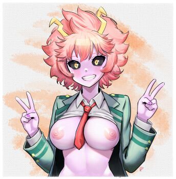 absurdres ashido_mina black_sclera blazer boku_no_hero_academia breasts clothes_lift collared_shirt colored_sclera colored_skin double_v elementary_(lolipope) faux_traditional_media grey_jacket grin highres horns jacket medium_breasts necktie nipples open_clothes open_jacket pink_hair pink_skin purple_nails rebelle_(medium) red_necktie revision school_uniform shirt shirt_lift short_hair smile teeth u.a._school_uniform v white_shirt yellow_eyes yellow_horns