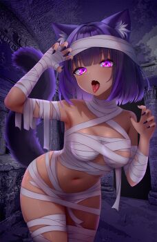 1girl animal_ear_fluff animal_ears arm_up armpits bandages bare_shoulders blunt_bangs breasts cat_ears cat_girl cat_tail cave fangs fingernails finn_flint finn_flint_(vtuber) halloween highres indie_virtual_youtuber leaning_forward long_fingernails looking_at_viewer medium_breasts nail_polish naked_bandage navel open_mouth original pink_eyes purple_hair purple_nails short_hair solo tail tongue tongue_out virtual_youtuber