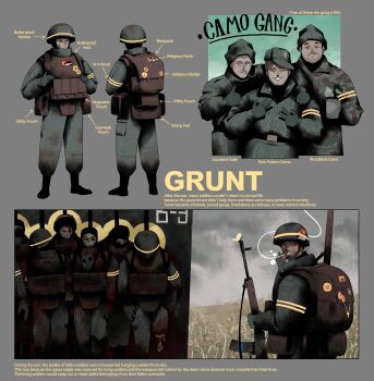 absurdres assault_rifle backpack bad_tag bag balaclava bandage_on_nose baseball_cap belt_pouch blonde_hair blood blood_on_face brown_hair bug bulletproof_vest butterfly camouflage cigarette coop_soggy cup fingerless_gloves gas_mask gloves grey_sky gun halo hat helmet highres holding holding_cigarette holding_cup insect looking_at_viewer male_focus mask military_uniform multiple_boys object_focus original pile_of_corpses pouch rifle sky smoking steaming_cup strichtarn sweatdrop tape weapon woodland_camouflage yellow_halo