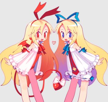 2girls blue_eyes blush bow demon_tail demon_wings disgaea dress dual_persona flat_chest flonne flonne_(fallen_angel) hairband heart highres kojirou_(mesurf1) leotard long_hair looking_at_viewer makai_senki_disgaea multiple_girls open_mouth pointy_ears red_eyes red_leotard shorts smile tail tail_bow tail_ornament very_long_hair white_dress wings