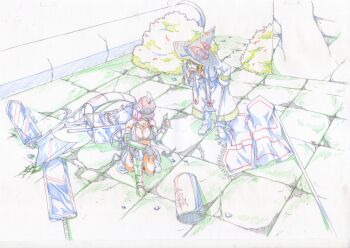 1boy 1girl abysmal_knight arch_bishop_(ragnarok_online) armored_boots axe bikini bikini_top_only black_bikini black_gloves black_hat boots breasts broken broken_sword broken_weapon bush cleavage closed_eyes coat column commentary_request elbow_gloves eye_print fingerless_gloves flag full_body gloves greatsword green_hair hat in-universe_location large_breasts looking_at_another mask masked mechanic_(ragnarok_online) mori_shin_risuku open_mouth outdoors pants pillar pink_hair pullcart ragnarok_online red_hat ruins shako_cap short_hair sitting smile standing swimsuit sword tile_floor tiles vambraces weapon white_boots white_coat white_pants witch_hat