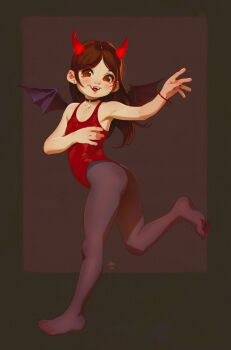 1girl 2025 20s alkemanubis ass black_background black_pantyhose blush bracelet brown_hair choker collarbone demon_girl demon_horns demon_tail demon_wings earrings fake_horns fake_tail fake_wings fangs flat_chest halloween halloween_costume horns jewelry leotard loli long_hair looking_at_viewer open_mouth original pantyhose red_eyes red_leotard ring running smile tail teeth wings