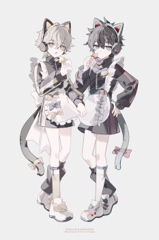 Rule 34 | 2boys, animal ear headphones, animal ears, caelus (honkai: star rail), closed mouth, commentary, crossdressing, crossdressing (mtf), dan heng (honkai: star rail), fake animal ears, green eyes, grey hair, hair between eyes, hair ornament, hairclip, hand on own hip, headphones, highres, holding, honkai: star rail, honkai (series), long sleeves, looking at viewer, male focus, multiple boys, open mouth, punch (punchrecipe), ribbon, short hair, tail, trailblazer (honkai: star rail), untranslatable commentary, white background, yellow eyes