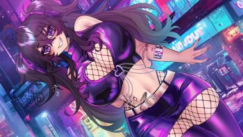 Rule 34 | 1girl, ahoge, alternate costume, arm behind back, belt, breasts, city, cityscape, contrapposto, crawling dreams, dutch angle, fishnet pantyhose, fishnet top, fishnets, grin, huge breasts, large breasts, leather, leather skirt, long hair, midriff, miniskirt, narrow waist, nyarla (osiimi), osiimi, pantyhose, purple eyes, purple hair, skirt, smile, solo, stomach tattoo, tattoo, thick thighs, thighhighs, thighs, twintails, wide hips