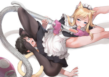 1boy 1girl absurdres age_difference animal_ear_fluff animal_ears black_pantyhose blonde_hair blue_eyes blush cat_ears cat_tail censored cum cum_milking ejaculation femdom foot_on_another&#039;s_face frills gloves half-closed_eyes hetero highres holding long_hair lying lying_on_person maid maid_headdress mosaic_censoring on_back open_mouth oral orgasm pantyhose penis penis_milking pink_gloves restrained rubber_gloves sahara1127 short_sleeves shota simple_background smile struggling tail tears testicle_sucking vacuum_cleaner wide-eyed