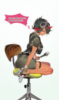 1girl absurdres angry black_hair chair clenched_teeth dark-skinned_female dark_skin feet goggles goggles_on_head highres looking_at_viewer multicolored_hair original qiu_shu short_hair socks soles steam streaked_hair sweat swivel_chair teeth toes white_socks wrench yellow_eyes