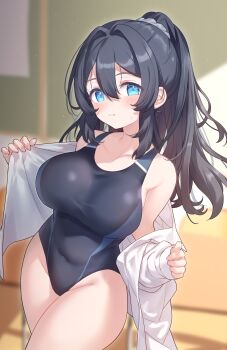 1girl absurdres bare_shoulders black_hair black_one-piece_swimsuit blue_eyes blurry blurry_background blush borrowed_character breasts closed_mouth collarbone commentary commission covered_navel double-parted_bangs hair_between_eyes highres hiraga_matsuri large_breasts long_hair long_sleeves looking_at_viewer one-piece_swimsuit open_clothes open_shirt original ponytail shirt sidelocks skeb_commission solo swimsuit white_shirt