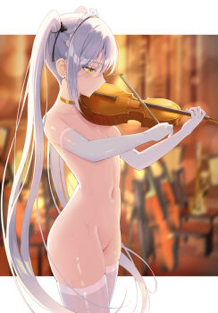 1girl akie_(44265104) blurry blurry_background breasts chair convenient_arm cowboy_shot elbow_gloves from_side gloves gold_choker highres holding holding_instrument holding_violin instrument letterboxed maid_headdress music navel nude original outside_border parted_lips playing_instrument skindentation small_breasts solo stomach sweat thighhighs thighs twintails violin white-haired_girl_(akie) white_gloves white_hair white_thighhighs yellow_eyes