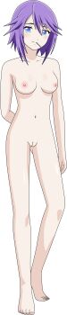 1girl absurdres arm_at_side arm_behind_back armpit_crease barefoot blue_eyes breasts cleft_of_venus collarbone completely_nude feet female_focus full_body gluteal_fold gradient_eyes hair_flaps head_tilt heel_up highres knees legs light_blush lionprideart lollipop_in_mouth looking_at_viewer medium_breasts medium_hair multicolored_eyes navel neck nipples nude pale_skin parted_lips purple_eyes purple_hair pussy rosario+vampire shirayuki_mizore sidelocks smile spiked_hair standing swept_bangs toenails toes transparent_background two-tone_eyes