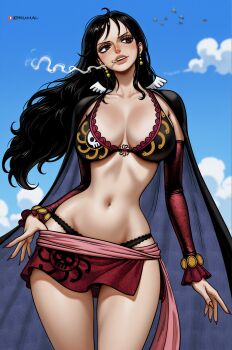 Rule 34 | 1girl, artist name, bikini, bird, black bra, black cape, black hair, black panties, blue sky, bra, breasts, brown eyes, cape, cigarette, cleavage, cloud, collarbone, contrapposto, cowboy shot, curvy, day, detached sleeves, earrings, head tilt, highres, jewelry, large breasts, long hair, looking to the side, nail polish, navel, one piece, outdoors, panties, parted lips, patreon username, pink sash, print bra, prixmal, pulling own clothes, sash, shakuyaku (one piece), shiny skin, sky, smile, smoke, smoking, solo, stomach, swimsuit, thigh gap, thong, underwear, wavy hair, wide hips