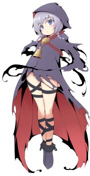 1girl absurdres arms_behind_back bell black_cloak blue_eyes blush braid chain cloak commentary_request convenient_censoring cuffs curse_maker etrian_odyssey highres hood hooded_cloak low_twin_braids medium_hair murata_denji neck_bell no_panties purple_hair shackles solo transparent_background twin_braids