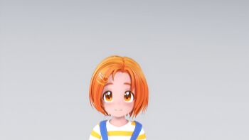 1girl 3d :d aimi_material animated animated_gif blender_(medium) blue_overalls clenched_hands closed_eyes commentary_request flower forehead grey_background hair_flower hair_ornament hairclip highres idolmaster idolmaster_cinderella_girls idolmaster_cinderella_girls_u149 jumping looking_at_viewer looping_animation open_mouth orange_hair overalls ryuzaki_kaoru shirt short_hair short_sleeves simple_background smile solo straight-on striped_clothes striped_shirt sunflower sunflower_hair_ornament thick_eyebrows upper_body white_shirt yellow_shirt