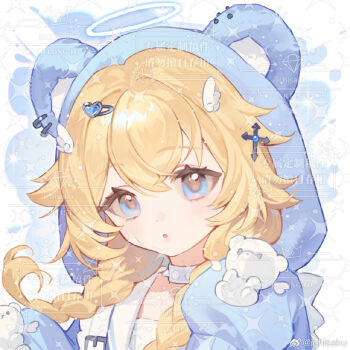 1girl :o animal_hood bear_hood blonde_hair blue_eyes blush braid choker commentary commission halo hood hood_up ichisaku long_hair open_mouth original portrait shirt solo twin_braids watermark weibo_watermark white_choker white_shirt