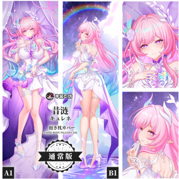 1girl aqua_hair breasts commentary_request cyrene_(honkai:_star_rail) cyrene_(ripples_of_past_reverie)_(honkai:_star_rail) dakimakura_(medium) diamond-shaped_pupils diamond_(shape) dress earrings flower hair_flower hair_ornament halo high_heels honkai:_star_rail honkai_(series) jewelry large_breasts long_hair merchandise_available multicolored_hair multiple_views pink_hair pointy_ears purple_eyes rainbow revision smile symbol-shaped_pupils thigh_strap thighs very_long_hair white_dress white_hair zhong0522