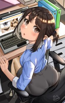 1girl artist_name ass binder blue_shirt blush brown_hair chair computer desk douki-chan_(douki-chan) enma_(enmanuelart) eyelashes full_body ganbare_douki-chan grey_eyes high_heels highres laptop lingerie looking_at_viewer looking_back office_chair office_lady open_mouth pantyhose pencil_skirt ponytail shiny_clothes shirt short_ponytail sitting skirt solo swivel_chair underwear window_(computing)