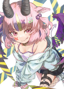 1girl absurdres animal_ears bare_shoulders black_skirt blonde_hair caution_tape commentary_request demon_girl demon_tail fang fingerless_gloves fishnets gloves hair_ornament highres horizontal_pupils horns long_sleeves looking_at_viewer multicolored_hair original pentagram pink_eyes pink_gloves pink_hair puffy_sleeves purple_hair simple_background skin_fang skirt solo tail tokaki wings x_hair_ornament