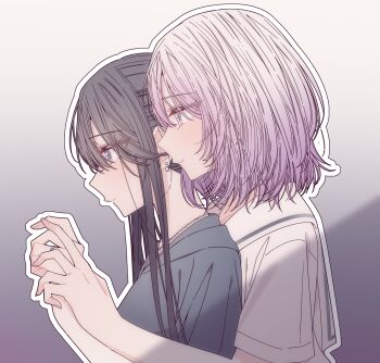 Rule 34 | 2girls, black hair, cheating (relationship), closed mouth, commentary, earrings, gradient background, gradient hair, grey background, grey shirt, hashtag-only commentary, highres, hitozuma kyoushi ga oshiego no joshikousei ni dohamari suru hanashi, holding hands, ichigohara itsuki, jewelry, kousaka 0v0, long hair, multicolored hair, multiple girls, necklace, outline, pink eyes, purple eyes, purple hair, ring, sailor collar, school uniform, serafuku, shirt, smile, teacher and student, togawa rin, upper body, wedding ring, white hair, white outline, white sailor collar, white shirt, yuri