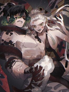 Rule 34 | 1boy, 1girl, black hair, black panties, breasts, brother and sister, colored skin, commentary request, daki (kimetsu no yaiba), demon boy, demon girl, facial mark, gradient hair, green eyes, green hair, gyuutarou (kimetsu no yaiba), highres, holding, holding scythe, kimetsu no yaiba, large breasts, multicolored hair, ou syoku7, panties, sash, scythe, sharp teeth, siblings, teeth, underwear, white hair, white skin