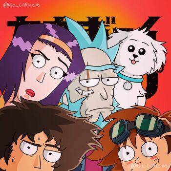 2boys 2girls adult_swim beth_smith blush_stickers brown_hair cartoon_network cosplay cowboy_bebop dog edward_wong_hau_pepelu_tivrusky_iv faye_valentine faye_valentine_(cosplay) goggles goggles_on_head highres jerry_smith jet_black jet_black_(cosplay) mortimer_smith morty_smith multiple_boys multiple_girls orange_hair purple_hair rick_and_morty rick_sanchez spike_spiegel spike_spiegel_(cosplay) tagme