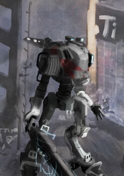 broadsword_(titanfall_2) electricity highres humanoid_robot mecha one-eyed reverse-jointed_legs road robot ronin_(titanfall_2) sa1ty9 street sword titan_(titanfall) titanfall_(series) titanfall_2 weapon
