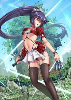 Rule 34 | 1girl, adsouto, akatsuki (log horizon), bandeau, between fingers, black panties, black thighhighs, blue eyes, blue hair, blue sky, breasts, choker, collarbone, day, female focus, floating hair, garter straps, hair between eyes, highleg, highleg panties, highres, holding, holding knife, knife, knives between fingers, lingerie, log horizon, long hair, maid, maid headdress, miniskirt, navel, open mouth, outdoors, panties, pleated skirt, red skirt, ribbon-trimmed sleeves, ribbon trim, short sleeves, shrug (clothing), signature, skirt, sky, small breasts, solo, standing, thighhighs, underboob, underwear, v-shaped eyebrows, very long hair