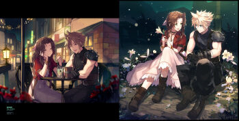 1boy 1girl :d ^_^ absurdres aerith_gainsborough armor artist_name baggy_pants bangle belt black_border black_gloves blonde_hair blue_eyes boots border bracelet braid braided_ponytail brown_hair chair choker closed_eyes cloud_strife couple cup dating dress drinking_straw eye_contact final_fantasy final_fantasy_vii final_fantasy_vii_remake flower flower_choker full_body gainsborough_house gloves green_eyes hair_ribbon half-closed_eyes hand_on_own_face head_on_hand hetero highres holding holding_flower jacket jewelry lamppost lily_(flower) long_dress long_hair looking_at_another mug multiple_views night open_mouth outdoors pants parted_bangs pauldrons pink_dress pink_ribbon red_jacket ribbon rose sam_ashton short_sleeves shoulder_armor single_bare_shoulder single_pauldron sitting sleeveless sleeveless_sweater sleeveless_turtleneck smile spiked_hair sweater table town turtleneck turtleneck_sweater white_flower white_lily