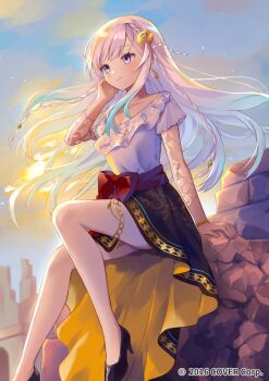 Rule 34 | 1girl, airani iofifteen, airani iofifteen (indonesian casual), black shoes, blue hair, bow, bracelet, braid, brown skirt, commentary request, copyright notice, floating hair, frilled shirt, frills, gold trim, gradient hair, high-low skirt, high heels, hololive, hololive indonesia, indonesian clothes, jewelry, lace, lace sleeves, layered sleeves, long hair, long skirt, long sleeves, multicolored hair, myaco9, official alternate costume, official alternate hairstyle, official art, outdoors, palette hair ornament, pink hair, pink shirt, purple eyes, red sash, sash, see-through clothes, see-through sleeves, shirt, shoes, short over long sleeves, short sleeves, side braids, sidelocks, sitting, skirt, solo, swept bangs, thighlet, two-sided fabric, two-sided skirt, virtual youtuber, waist bow