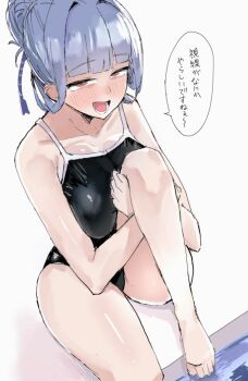 1girl barefoot black_one-piece_swimsuit blue_hair commentary_request competition_school_swimsuit hair_bun high_re highres hugging_own_legs one-piece_swimsuit original poolside red_eyes school_swimsuit sidelocks solo swimsuit translation_request