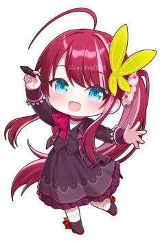 Rule 34 | 1girl, :d, ahoge, arm up, blue eyes, blush, boots, brown boots, brown jacket, brown skirt, brown vest, butterfly hair ornament, chibi, commentary request, full body, hair ornament, holding, holding stylus, jacket, long hair, multicolored hair, open clothes, open jacket, open mouth, original, pink hair, purple hair, shirt, side ponytail, simple background, skirt, smile, socks, solo, standing, standing on one leg, streaked hair, stylus, twitter username, two-tone hair, uruha (yw1109), very long hair, vest, watermark, white background, white shirt, white socks