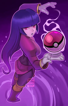 1girl back black_hair black_lips blunt_bangs bodystocking bodysuit boots breasts calvin_sims commentary english_commentary from_above gloves highres long_hair nintendo pantyhose parted_lips pokemon pokemon_frlg psychic purple_background red_eyes sabrina_(pokemon) solo white_gloves